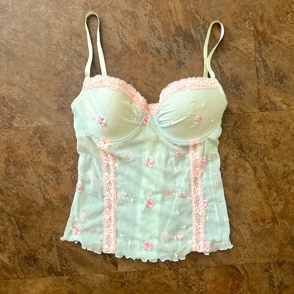 Victoria’s Secret Blue Mesh Bustier with Pink Embroidered Flowers